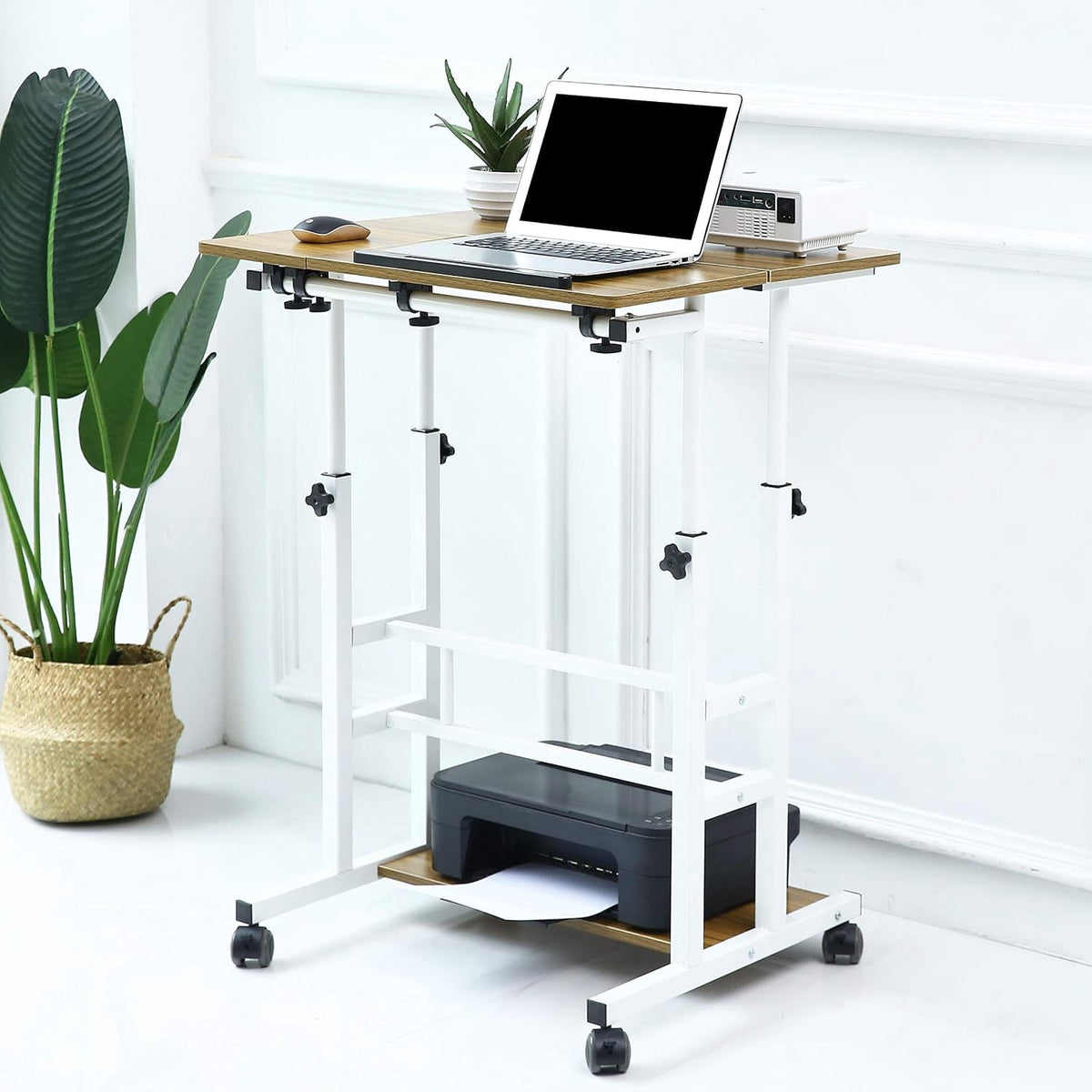 NurtureTail Height Adjustable Mobile Workstation with Wheels, Keyboard Tray & Storage Shelf, Rolling Laptop Desk for Home Office, Study & Small Spaces,White Frame/Ancient Oak Top