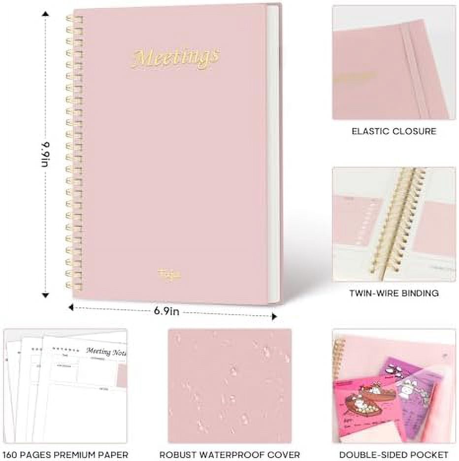 Meeting Notebook for Work Organization - Work Planner Notebook with Action Items, Agenda Planner for Note Taking, 160 Pages (6.9" X 9.9") Project Organizer for Men & Women - Pink