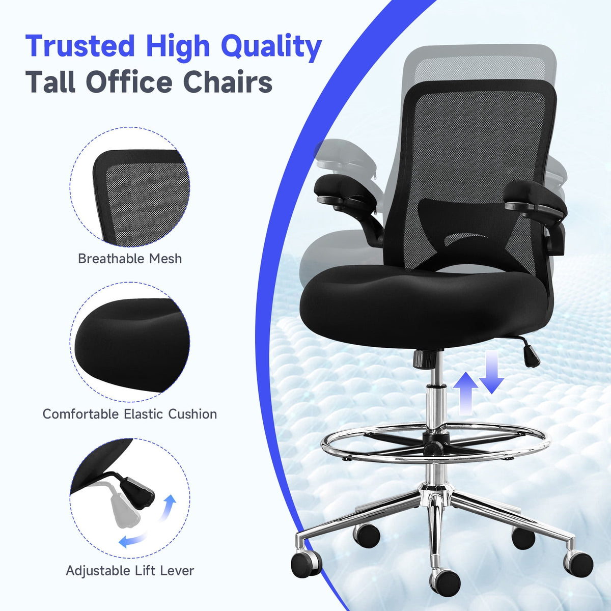 JONPONY 500lbs Big and Tall Office Chair with W-Shape Thicken Cushion, Ergonomic Office Chair with Flip-up Armrests, Breathable High Back Office Chair, Extra Wide Seat, Padded Armrests, Black