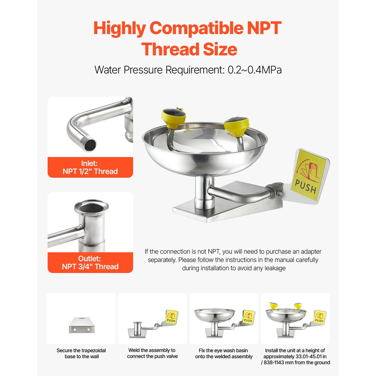 KFFKFF Emergency Eye Wash Station, Stainless Steel Wall-Mounted Eyewash Unit, First Aid Eye Wash Sink 16.14 x 12.99 x 9.45 Inches, Suitable for Laboratories, Factories, Schools, Construction Sites