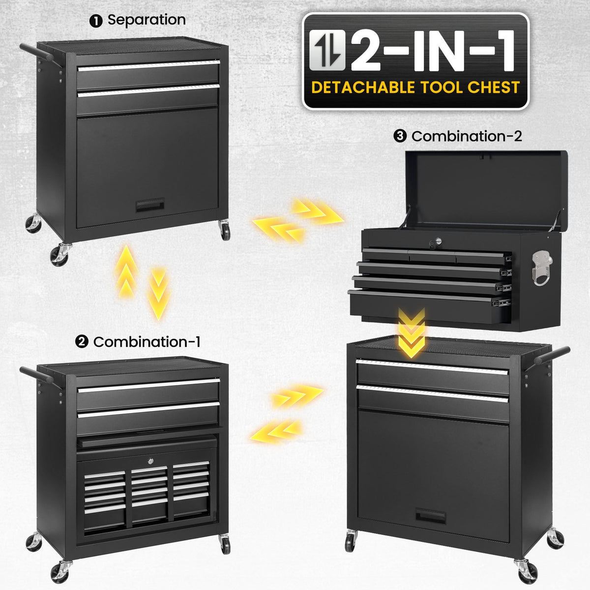 Seizeen 2-IN-1 Tool Chest & Cabinet, Large Capacity 8-Drawer Rolling Tool Box Organizer with Wheels Lockable, Black