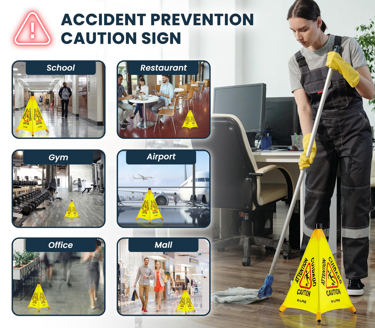 Alpine Caution Wet Floor Sign 3 Pack - Pop Up Slippery When Wet Sign, Wall Mounted Foldable Bilingual Yellow Safety Warning Cone for Commercial & Office Use (20 Inches)