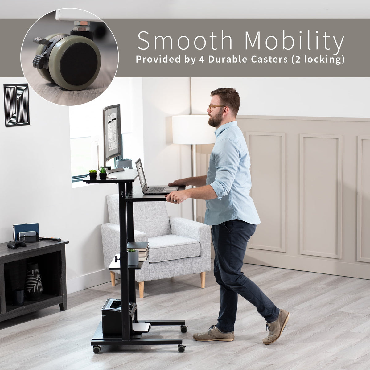 VIVO Black Mobile Height Adjustable Stand Up Desk Workstation Presentation Cart