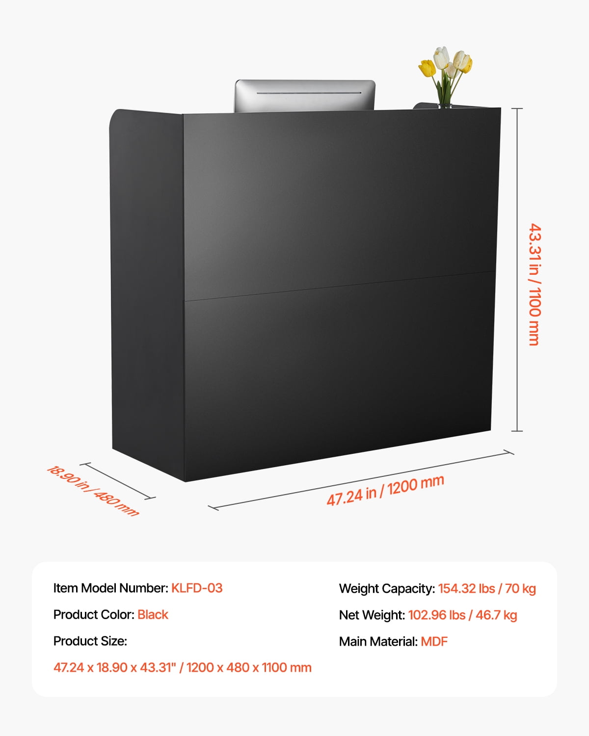 VEVOR Reception Desk, 47 Inch Rectangular Front Counter Table, Office Reception Counter with Lockable Drawer and Storage Cabinet, for Checkout, Lobby, Beauty Salon and Office, Black