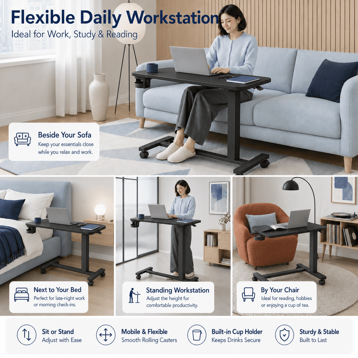 CLOUDREST PRO Mobile Standing Desk with Lockable Wheels, 32 x 18 Inch Pneumatic Adjustable Height Rolling Laptop Table, 28 to 41 Inch Portable Workstation with Cup Holder for Home Office, Black