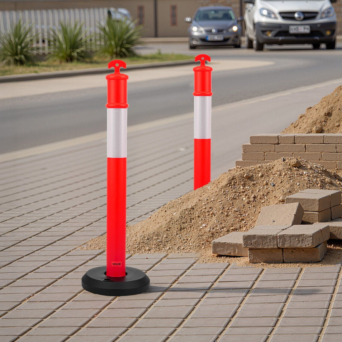9-Pack of 48-Inch Fillable Safety Cones with Reflective Strips – Heavy Duty Traffic Delineator Posts for Construction, Parking, and Event Crowd Control, Red