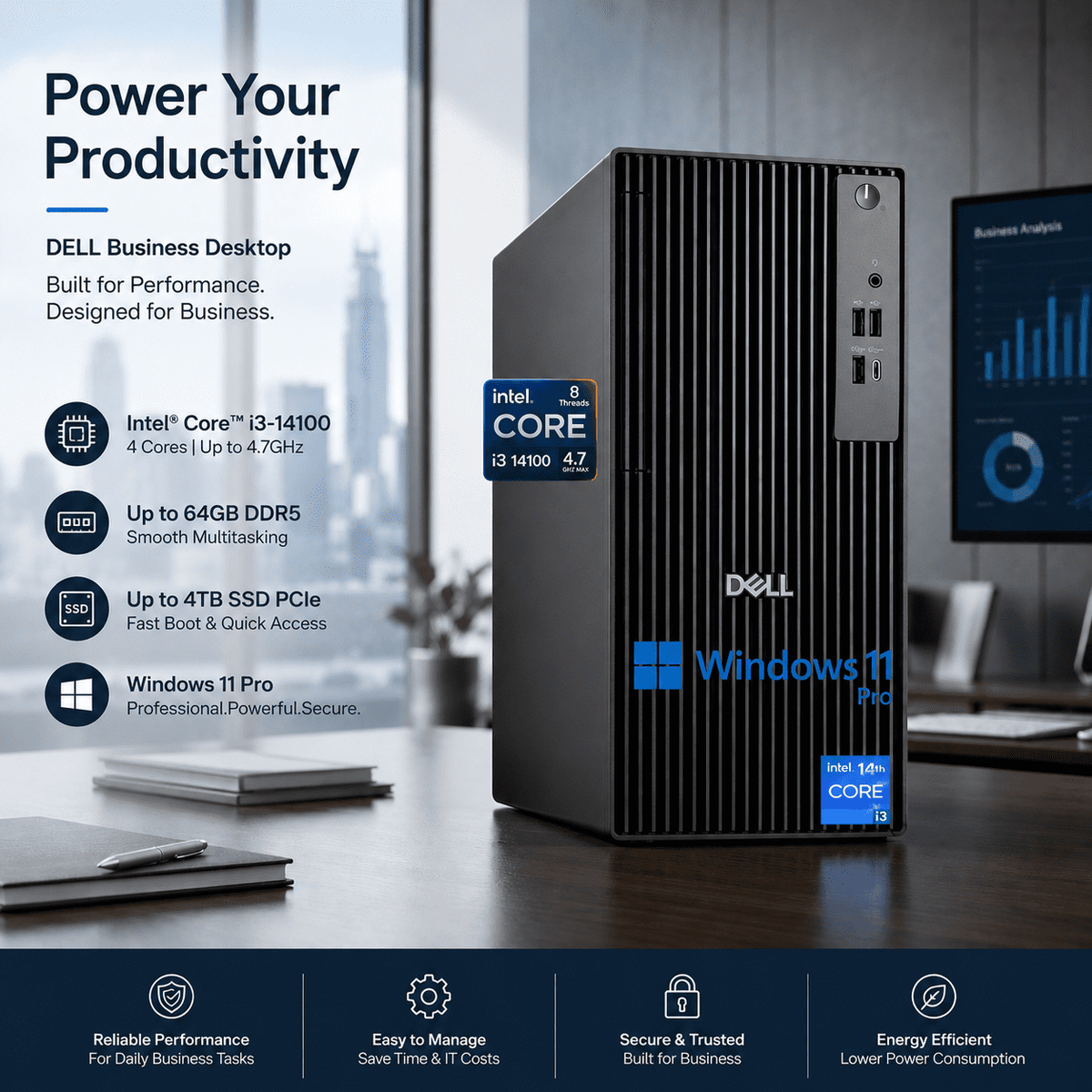 Dell 2026 Pro Desktop Computers Tower PC for Home & Business, Copilot AI, 14th Gen i3-14100 Processor, 16GB DDR5 RAM, 512GB PCIe SSD, Wi-Fi 6, Bluetooth 5.3, DisplayPort, HDMI, USB-C, Windows 11 Pro