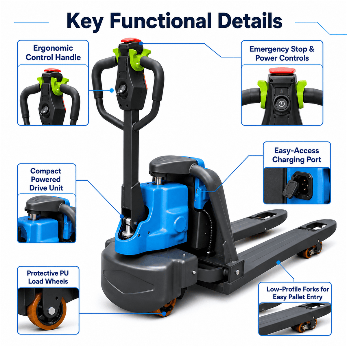 HPDMC Li-Ion Electric Pallet Truck, 3306 lbs Capacity Electric Pallet Jack with 48" Forks, Ergonomic Control Handle, PU Load Wheels, Easy-Access Charging Port for Warehouse Use
