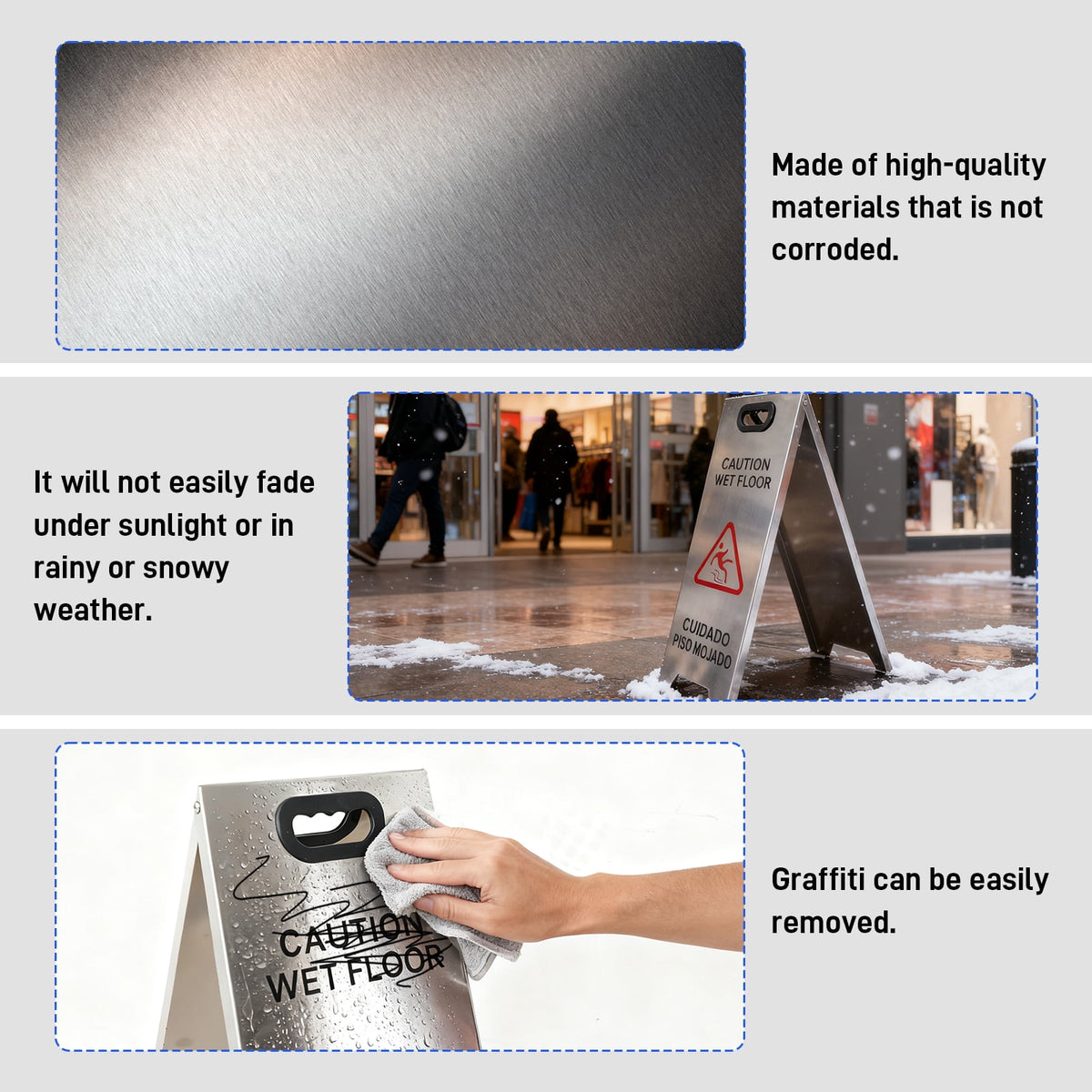 2 Pack Stainless Steel Wet Floor Sign, 24 Inch Caution Wet Floor Sign Portable Foldable Bilingual Safety Warning for Hotel Market Restroom Restaurant Office (Silver)