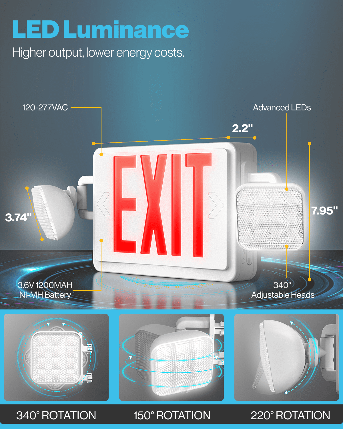 Sunco 6 Pack Red Exit Signs With Emergency Lights, Two Adjustable Square LED Lights, 94V-0 Fire Resistant, Backup Battery, 120-277V, Wall Or Ceiling Mount, Commercial Grade Double Sided UL