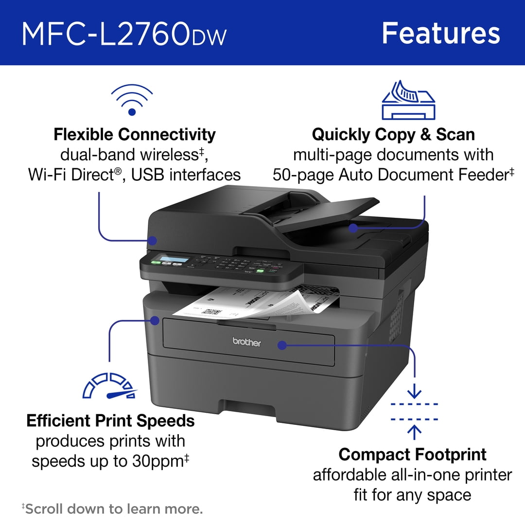 Brother Wireless MFC-L2760DW Compact Monochrome All-in-One Laser Printer with Copy, Scan and Fax, Duplex and Mobile Printing