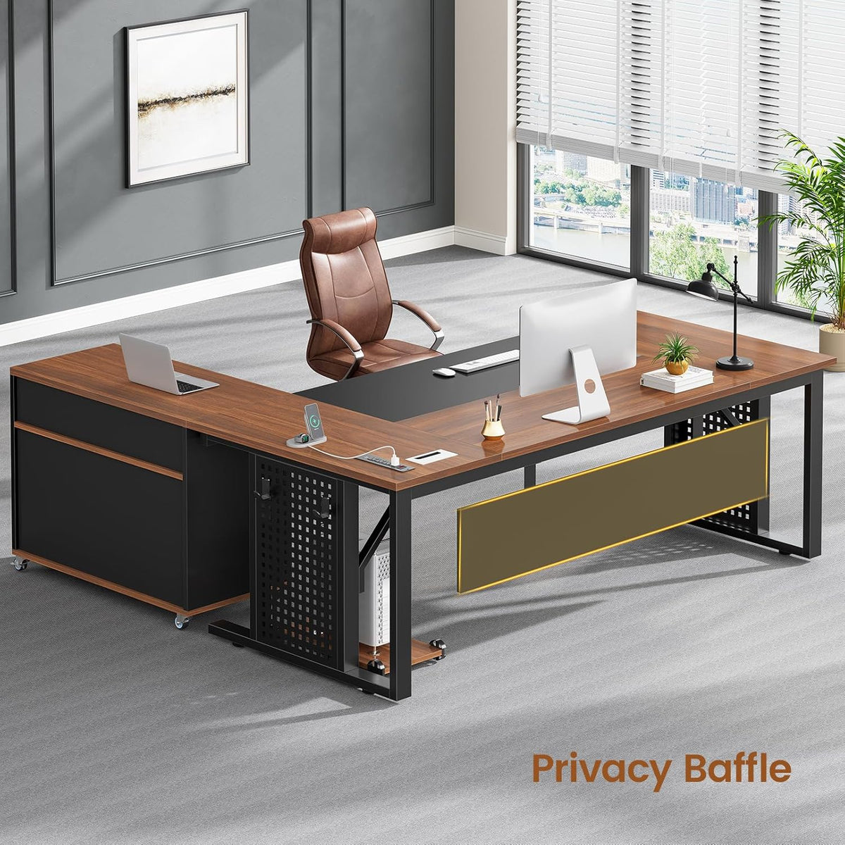 SEDETA 71" Executive Desk with Rolling File Cabinet, Large Office Desk with Drawers, L Shaped Computer Desk with Power Outlets, CPU Stand, Pegboard and Storage Shelves, Walnut