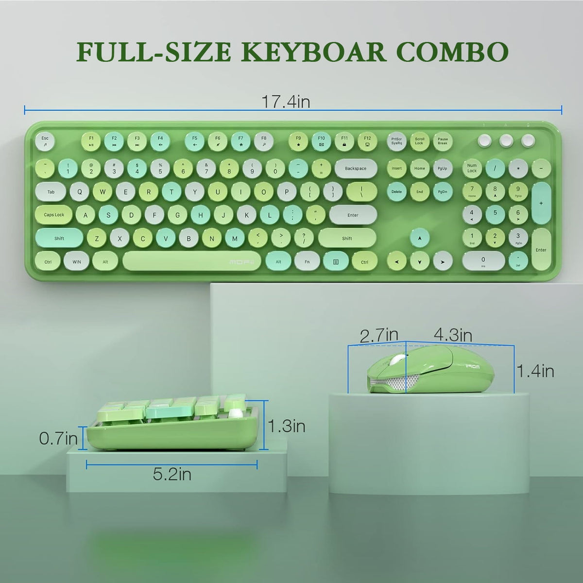 MOFII Wireless Keyboard and Mouse Combo 2.4GHz Retro Full-Size Keyboard with Number Pad and Cute Wireless Mouse for PC Desktop Laptop Mac Windows (Green)