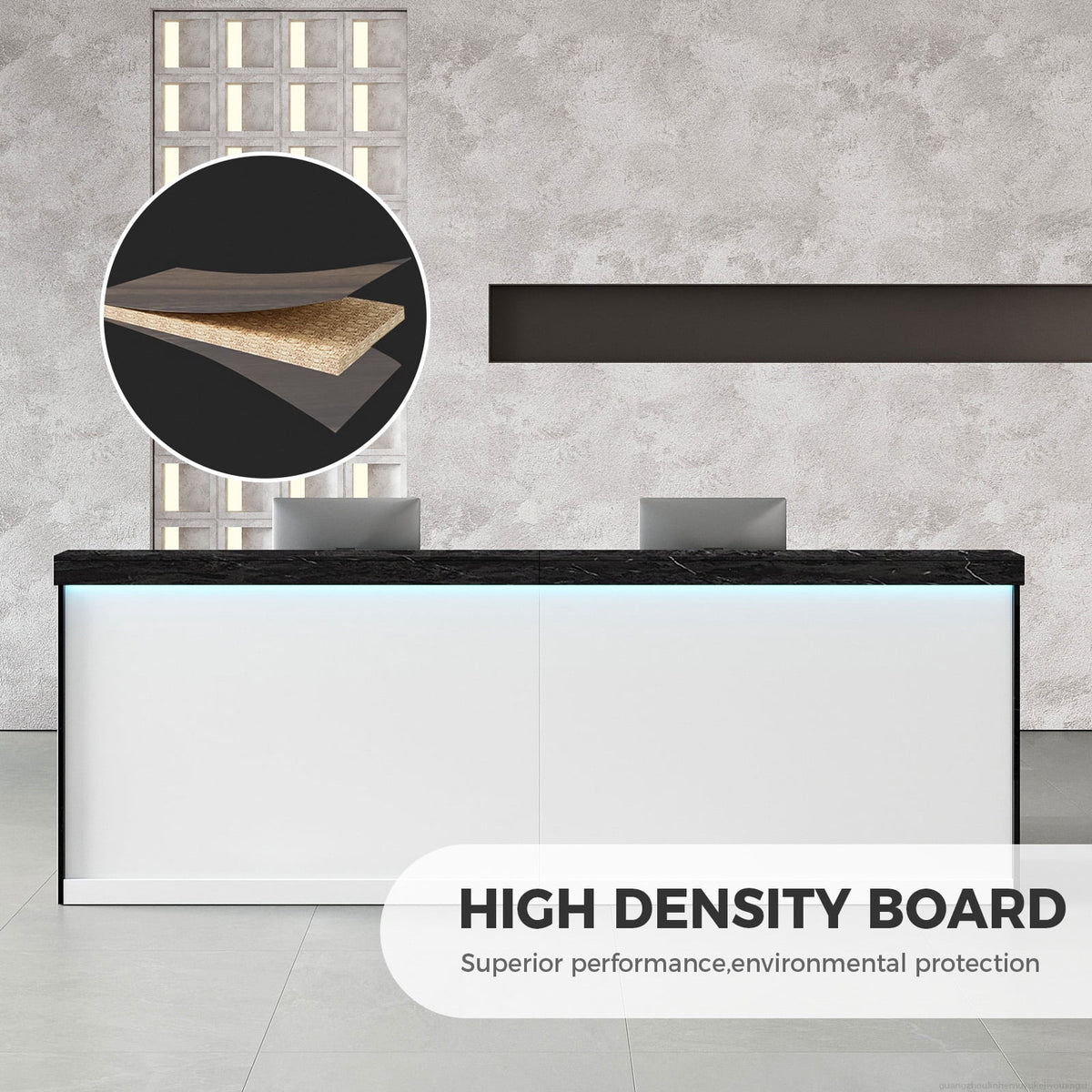 Modern Ergonomic Reception Desk With LED Lighting（Black Grain & White; 71"L x 24"W x 39"H）