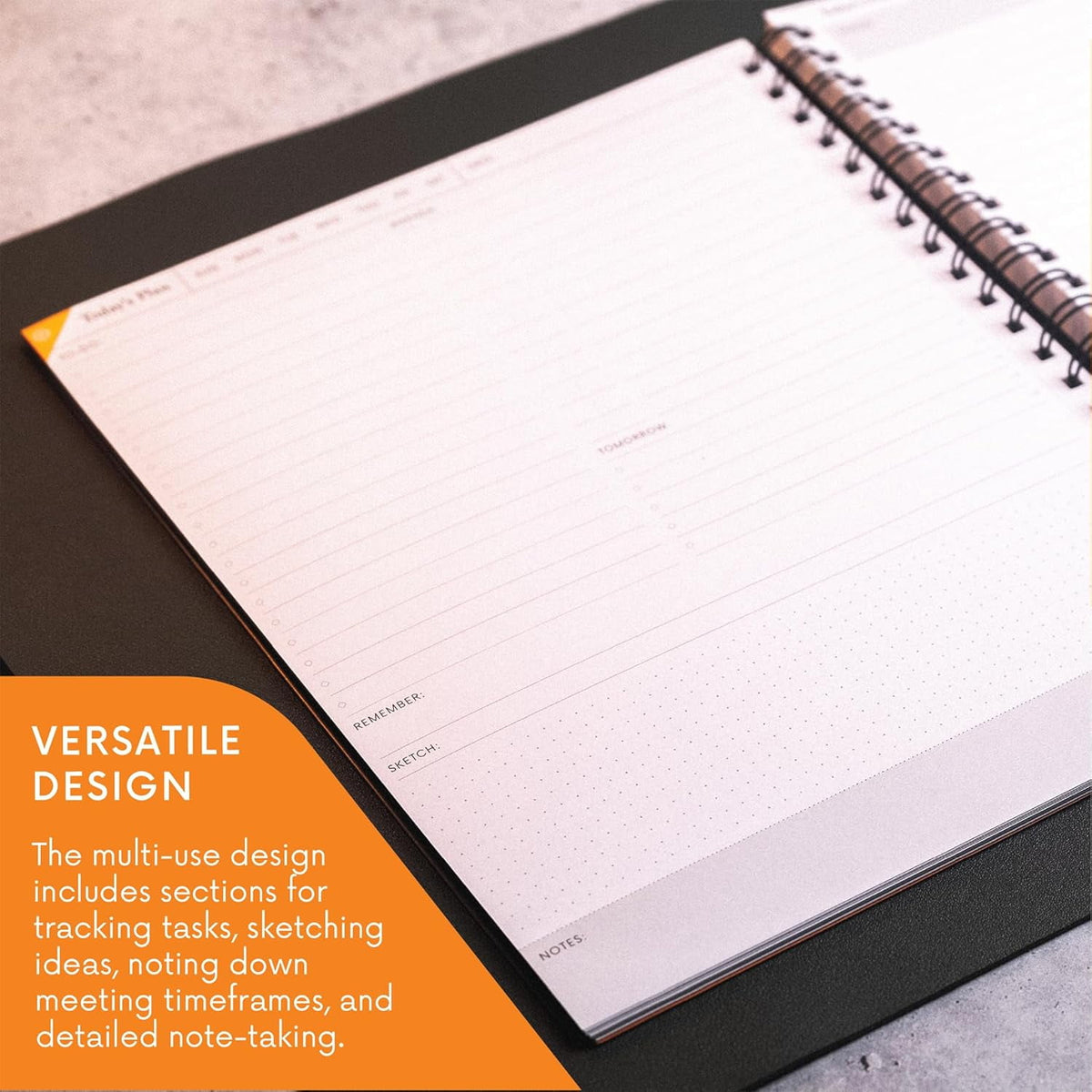 Notsu Undated Daily Planner Notebook | Minimalist Productivity Planner with To Do List, Agenda, Dot Grid, Lined, Notes sections. 160 Pages, Thick Paper 120 gsm, 8.5 x 11 inches, Premium Black Vegan