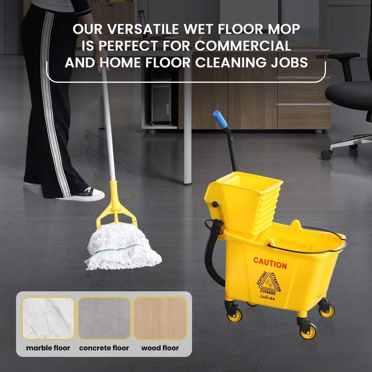 35-Qt Commercial Mop Bucket with Side Press Wringer Floor Cleaning Rectangular Mop Bucket on Wheels, Yellow, Including Mop and Mop Head Replacement