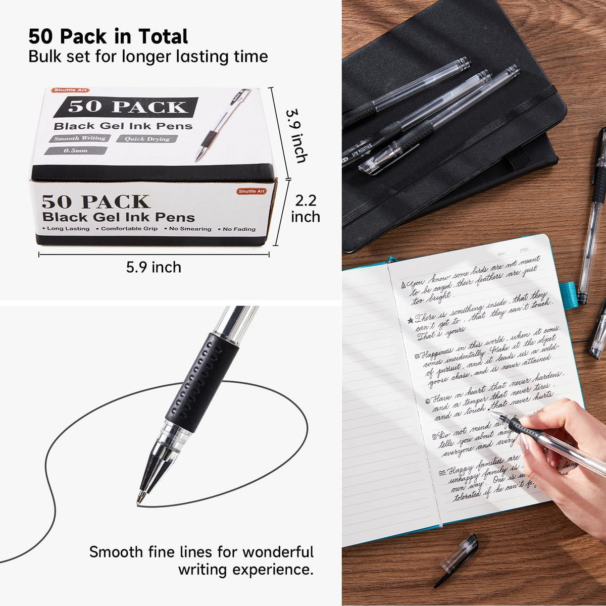 Permanent Black Gel Pens, Shuttle Art 50 Pack Fine Point Black Ink Pens Bulk, 0.5mm Rollerball Gel Ink Pens Smooth Writing with Comfortable Grip for Office