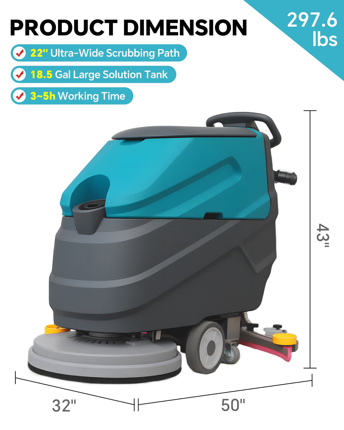 POHIR Walk-Behind Floor Scrubber, 22"Cleaning Width, 31.5" Suction Width, 18.5 gal Solution Tank, 15.9 gal Recovery Tank, 32000 Sq Ft/H, Commercial & Industrial, Full Parts Kit