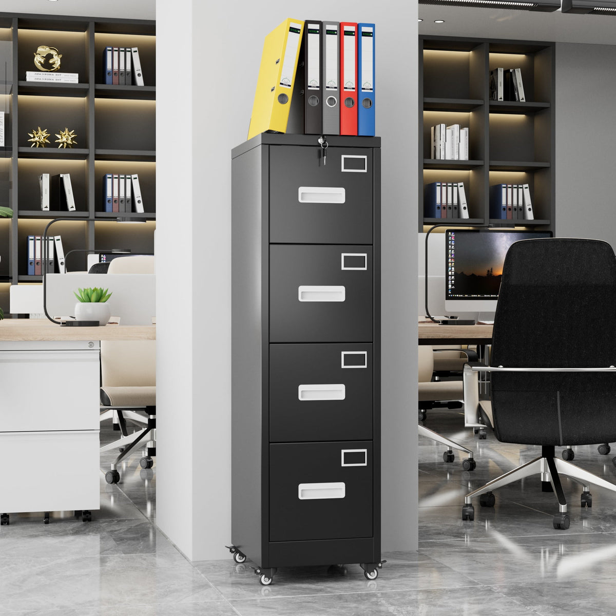 SUPEER 56"H 4 Drawer File Cabinets with Wheels, Metal Vertical File Storage Cabinet for Office Home, A4 Letter /Legal Size, , Assembly Required (Black）