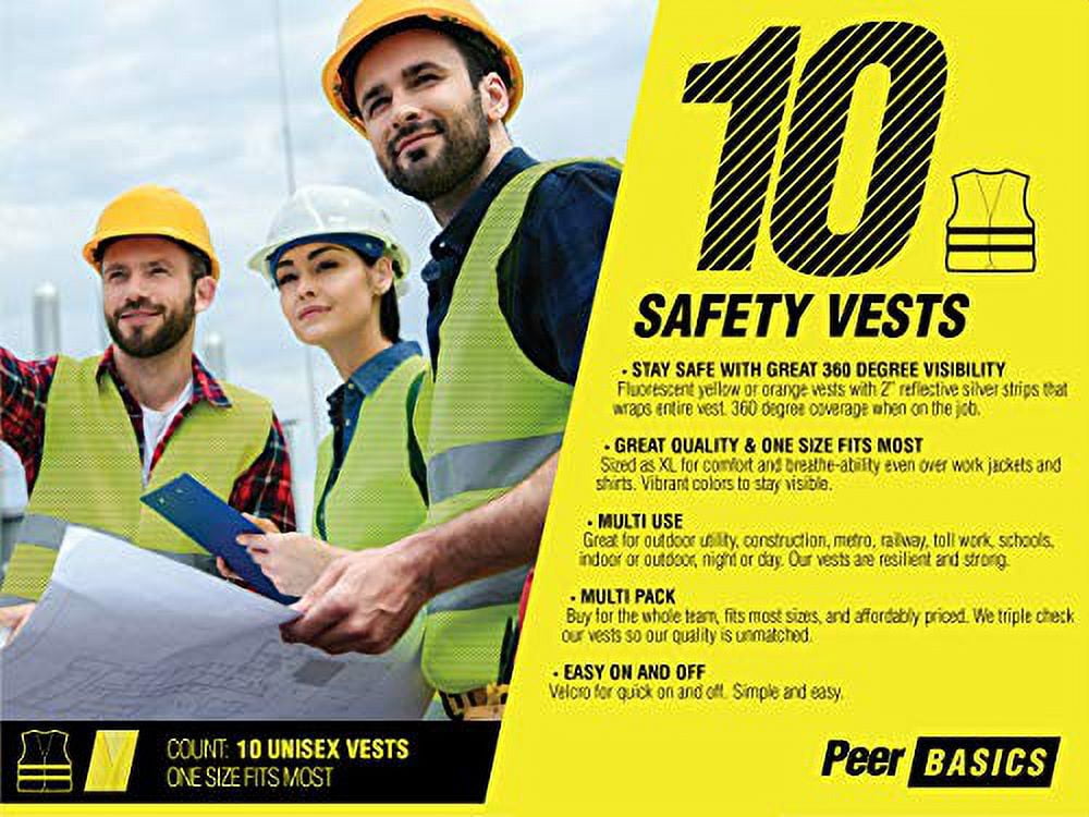 PeerBasics Safety Vests 10 Pack - Yellow Reflective High Visibility, Hi Vis Silver Strip, Men Women, Work, Runner, Surveyor, Volunteer, Crossing Guard, Road, Construction, Neon (Mesh, 10) 10 Yellow