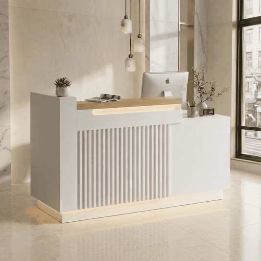 63" White L-Shaped Reception Desk with Left Counter, Modern Front Desk with Built-in Power Outlets, Locking Drawers & LED Lights for Office, Salon & Retail