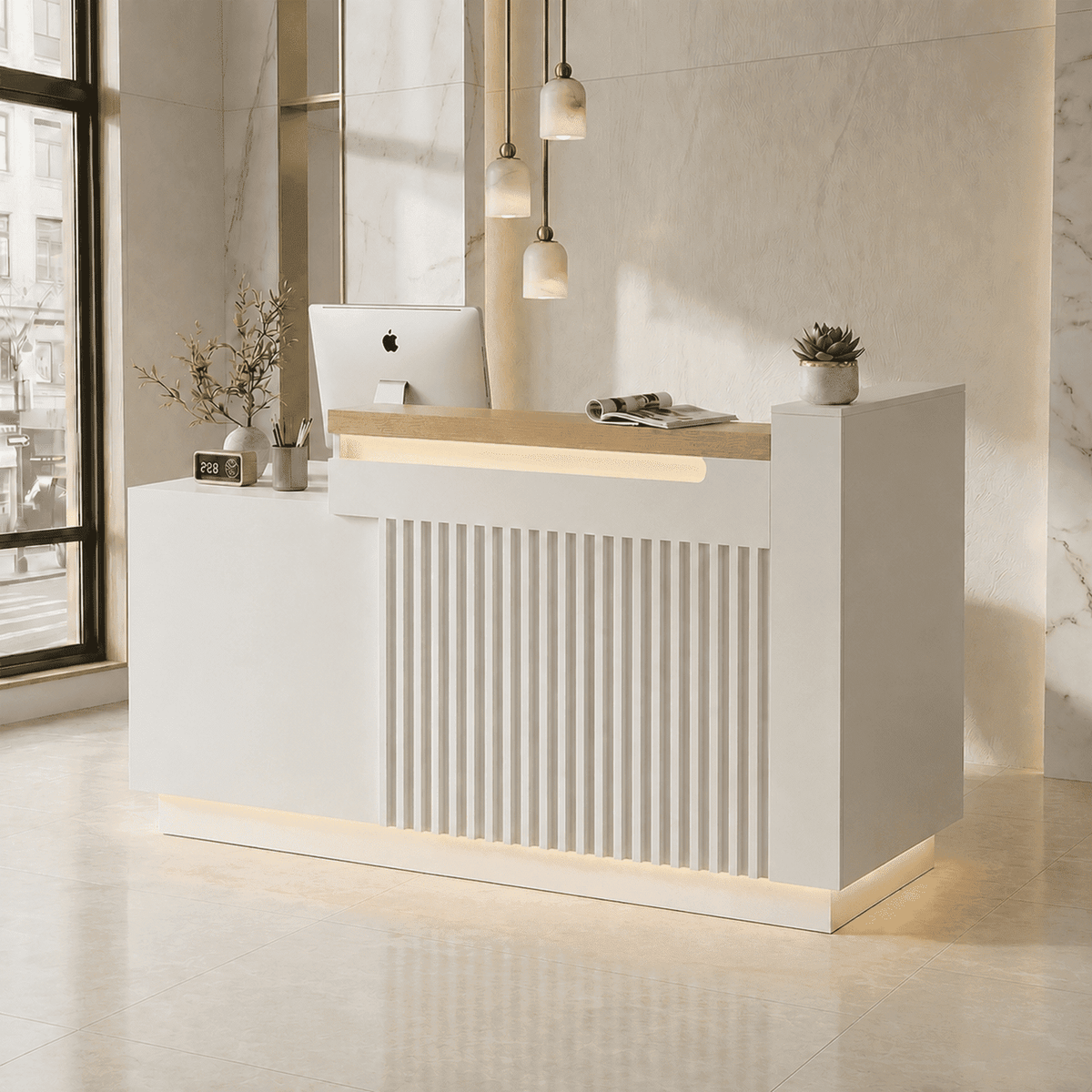 63" White L-Shaped Reception Desk with Left Counter, Modern Front Desk with Built-in Power Outlets, Locking Drawers & LED Lights for Office, Salon & Retail