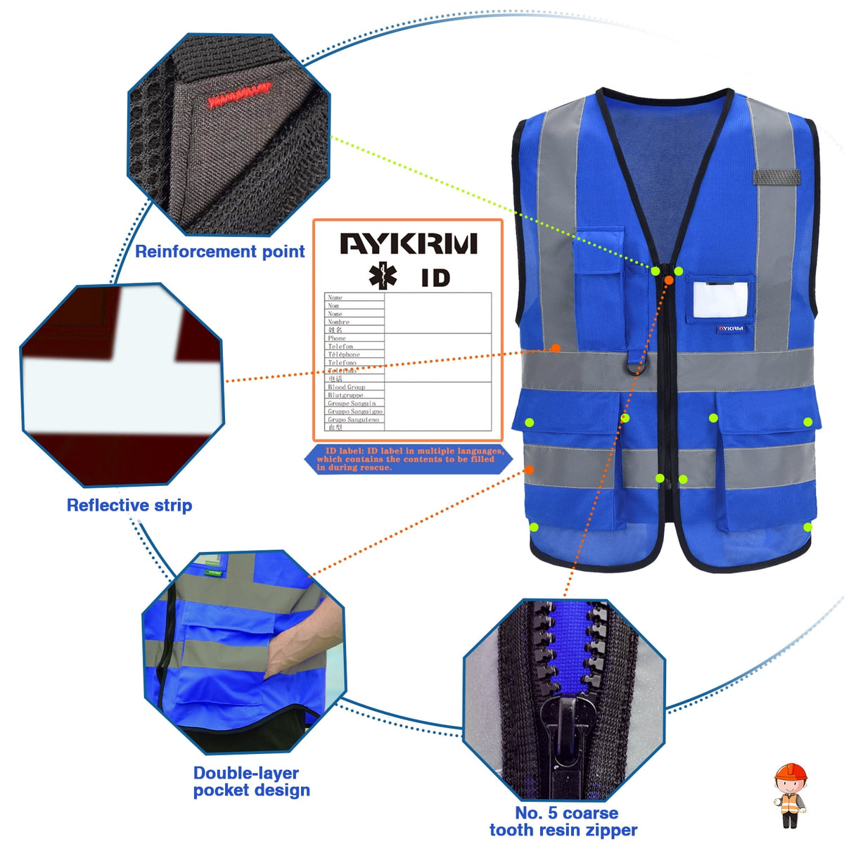 YongKang Lemmy AYKRM Breathable Safety Vests, Polyester Blue