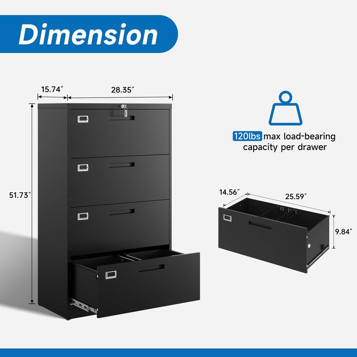 Fesbos Metal Lateral File Cabinets with Lock, 4 Drawer 28.5" Wide Filing Cabinets,Hanging Letter/Legal/F4/A4 Size, Assembly Required - Black