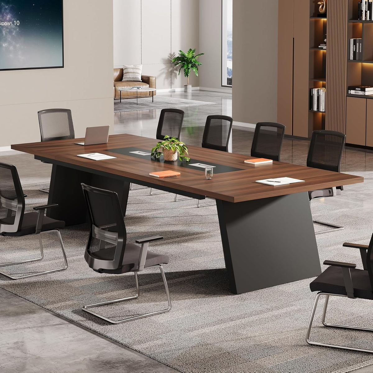 Tribesigns 8ft Conference Room Table, Modern Meeting Desk with Cable Management, Large Conference Table Business Seminar Furniture for Boardroom, Walnut and Black, 1PC