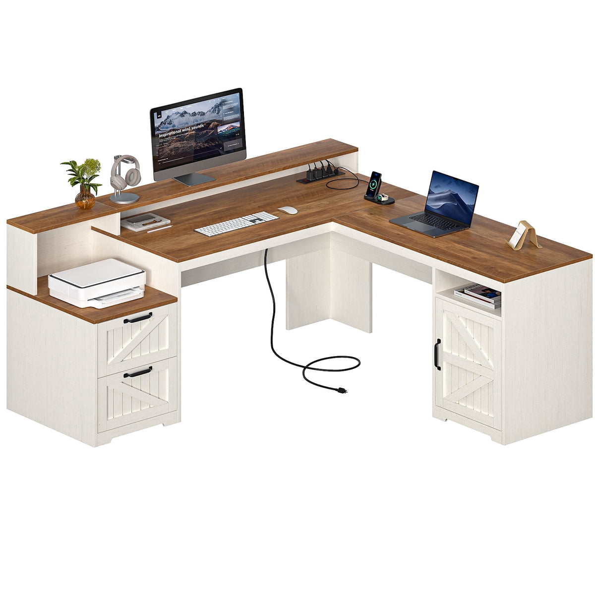 63" Farmhouse L Shaped Executive Desk with Drawers & Storage Shelf, Corner Computer Desk with Power Outlets, L Shaped Office Desk with Monitor Stand, Printer Shelf, White