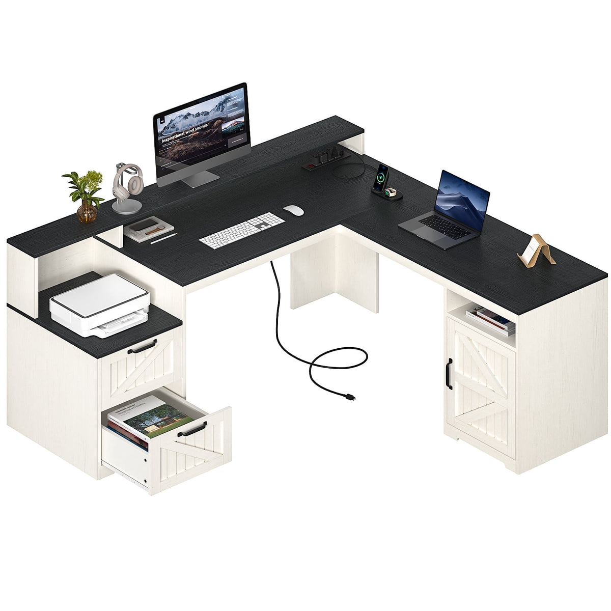 63" Farmhouse L Shaped Executive Desk with Drawers & Storage Shelf, Corner Computer Desk with Power Outlets, L Shaped Office Desk with Monitor Stand, Printer Shelf, White