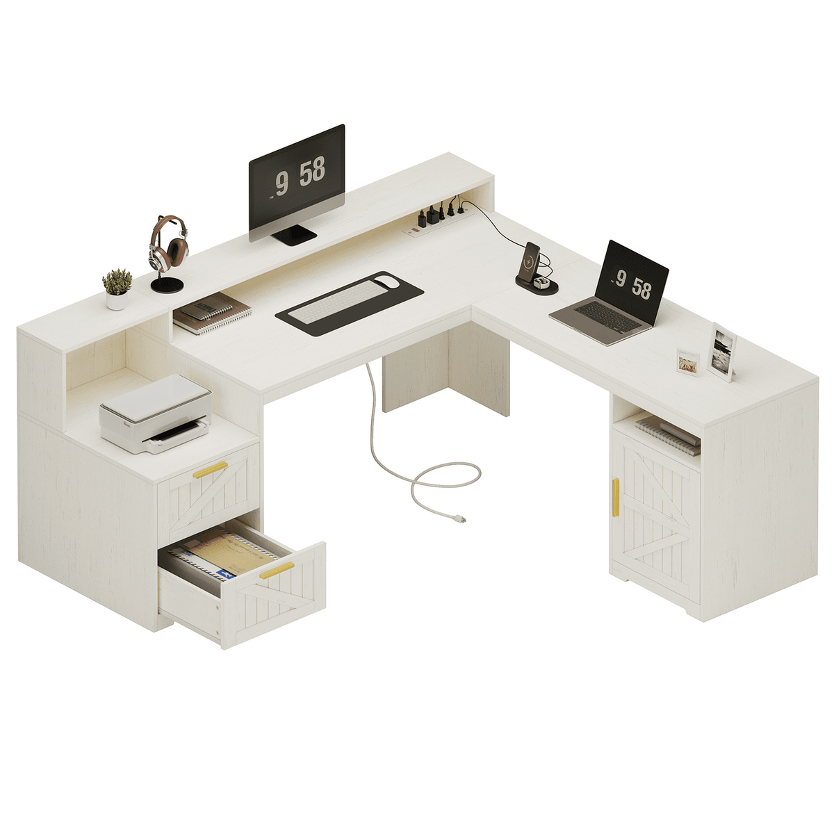 63" Farmhouse L Shaped Executive Desk with Drawers & Storage Shelf, Corner Computer Desk with Power Outlets, L Shaped Office Desk with Monitor Stand, Printer Shelf, White