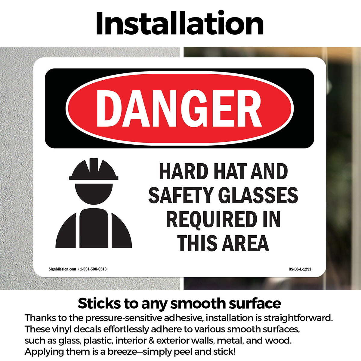 Hard Hat Safety Glasses Required In Area OSHA Danger Vinyl Decal Label 14 Inch x 10 Inch - 5 Pack