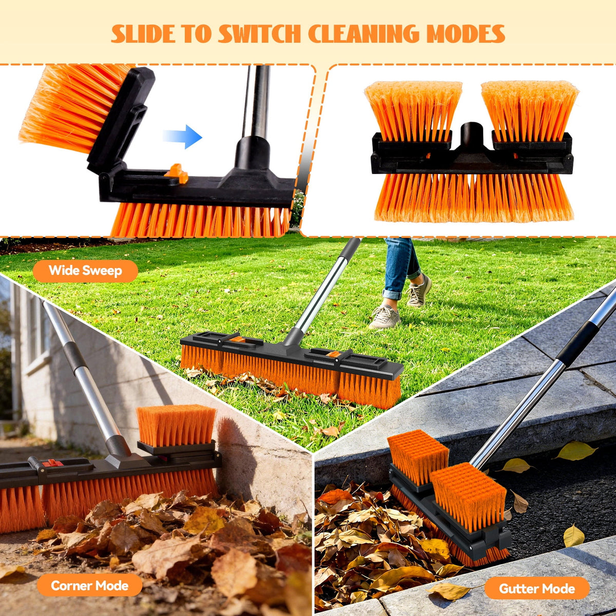 Nicecastle Push Broom Brush for Floor Cleaning with 60” Long Handle and Stiff Bristles,Adjustable brush head length, Heavy Duty Broom for Courtyard Garage,shop,outdoor broom(Orange)