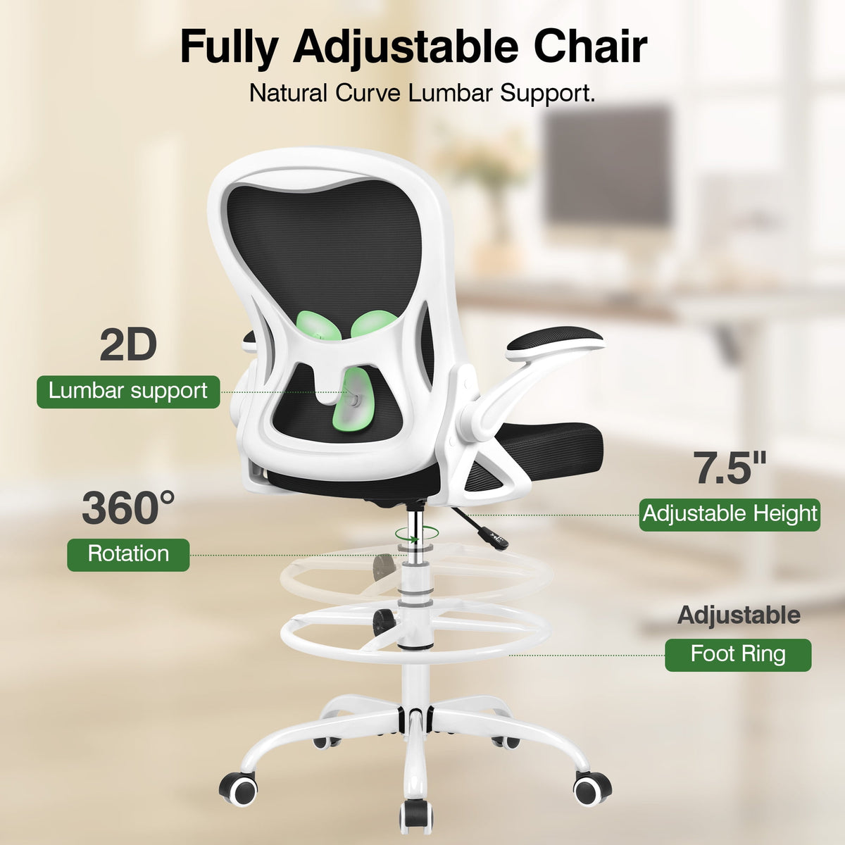 ATHOPE Ergonomic Office Chair, Mesh Desk Chair with Lumbar Support, Tall Office Chair with Flip-Up Armrests and Footrest Ring, Adjustable Computer Chair for Standing Desk Home Office, White
