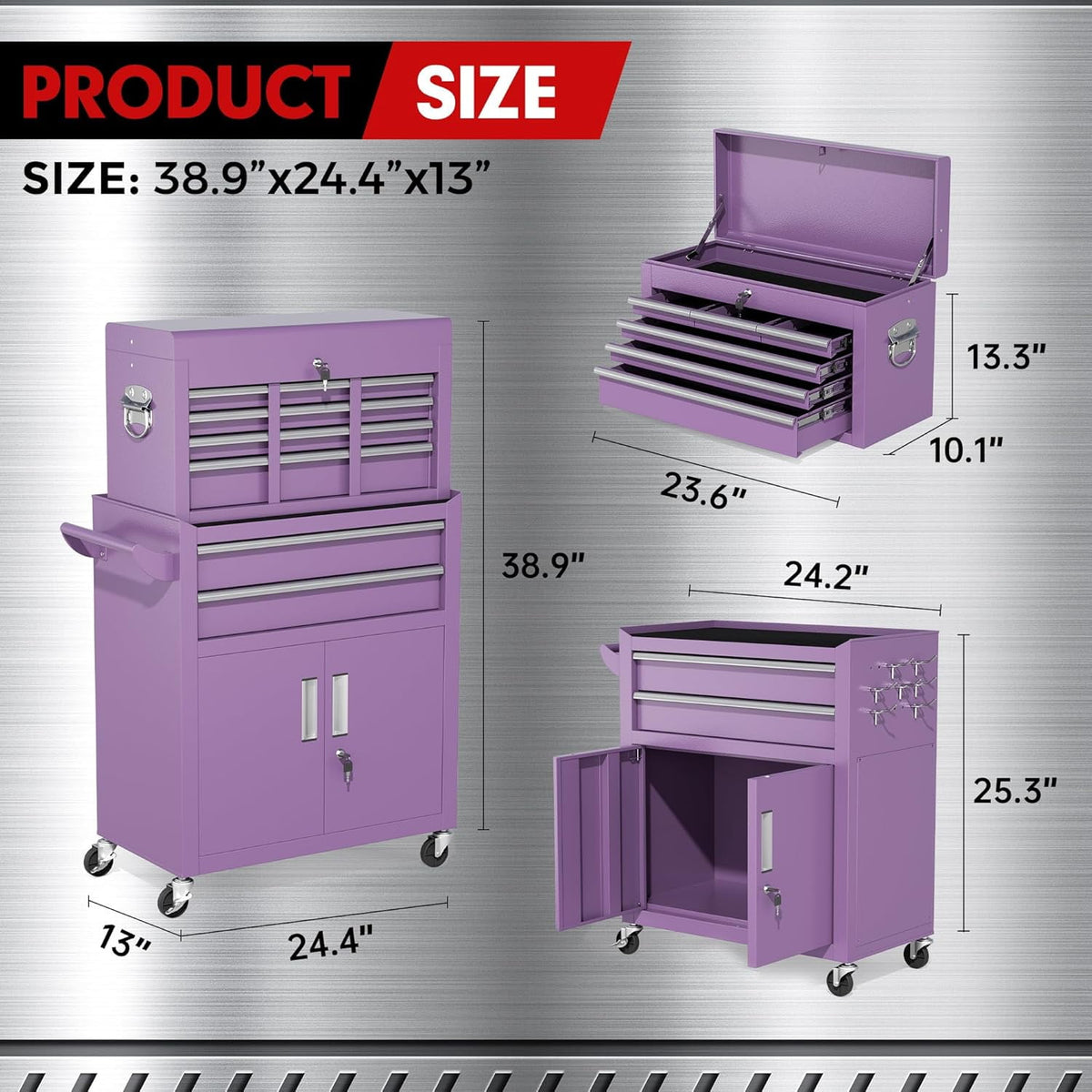 SOLAURA 8-Drawer Rolling Tool Chest with Detachable Top Box, Metal Tool Box with Wheels, Lockable Storage Cabinet for Warehouse, Garage, Workshop, Barbershop, Purple