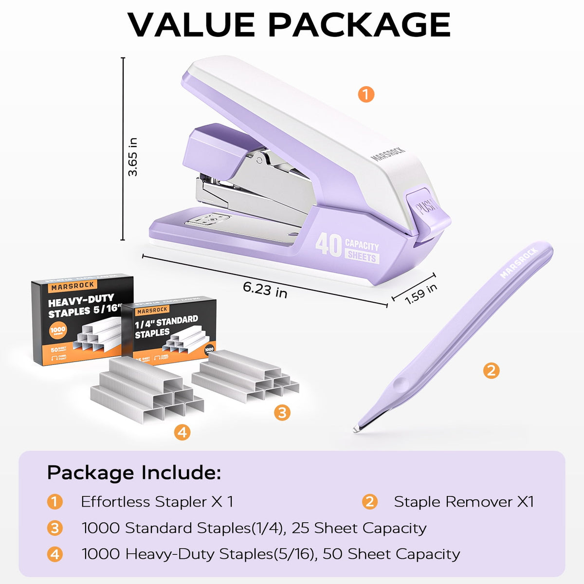Marsrock Effortless Stapler for Desk,40-50 Sheet Capacity, 2000 Staples, 1-Touch Stapling,Heavy Duty and Magnetic Staple Remover, Purpler