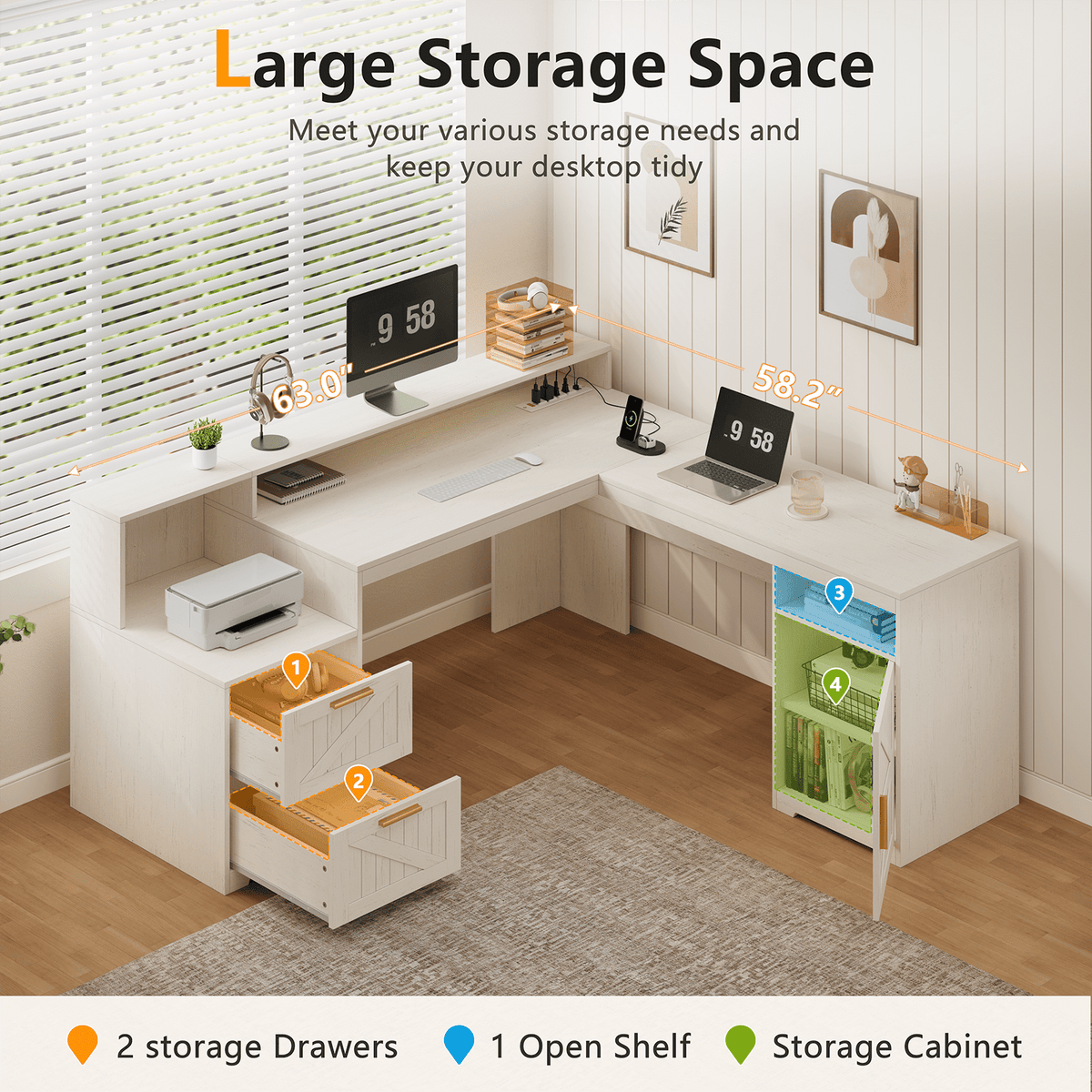 63" Farmhouse L Shaped Executive Desk with Drawers & Storage Shelf, Corner Computer Desk with Power Outlets, L Shaped Office Desk with Monitor Stand, Printer Shelf, White