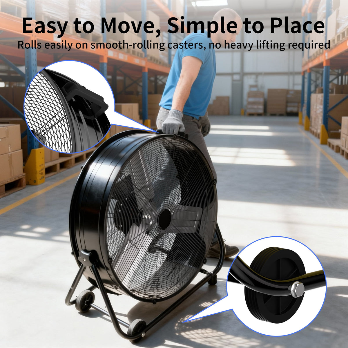 Industrial Drum Fan 24", High Velocity, 5650 CFM, 3-Speed, Heavy Duty Metal Fan for Commercial, Factory(Black)