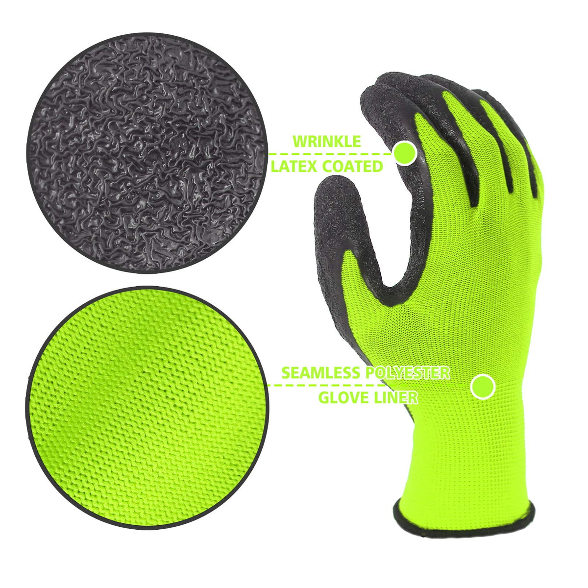 EvridWear 12 Pairs Green Latex Rubber Coated Safety Work Gloves Men Women Construction Warehouse Gardening (L)