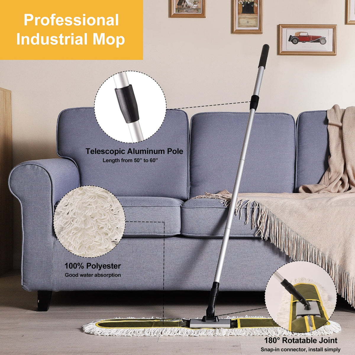 Eyliden 39” Commercial Industrial Cotton Mop Dust for Hardwood Floors, 59inch Telescopic Height with 2 Mop Pads, Green