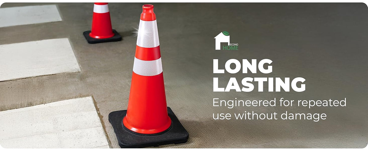 EconoHome 28-Inch Tall, 8-Pack Reflective Traffic Cones - 5.3 lbs Weighted Orange Safety Cones for Parking Lot, Traffic Control, Construction, Road Safety - Heavy Duty Square Base, Flexible PVC