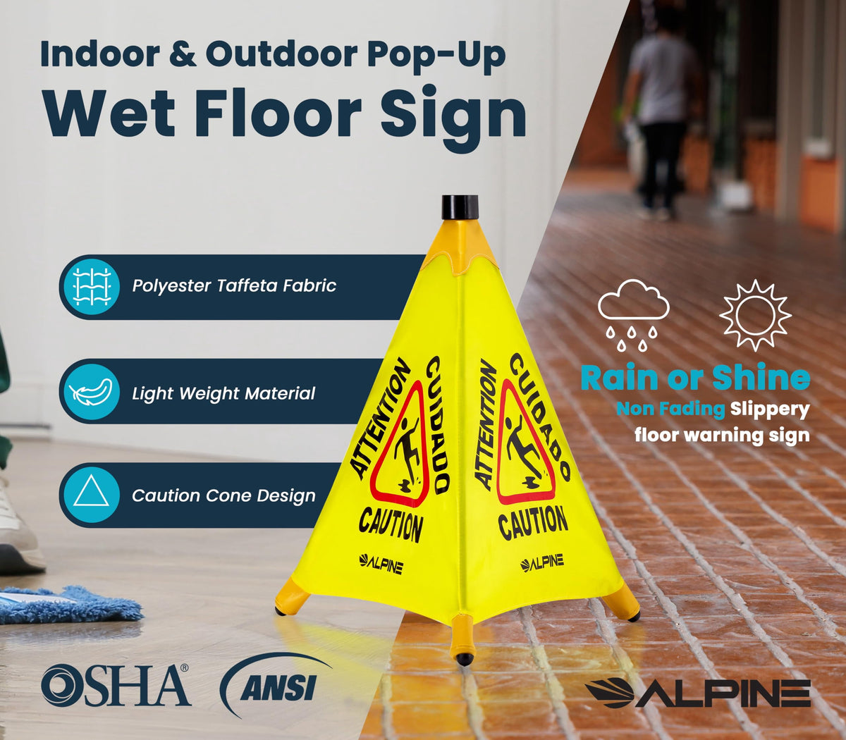 Alpine Caution Wet Floor Sign 3 Pack - Pop Up Slippery When Wet Sign, Wall Mounted Foldable Bilingual Yellow Safety Warning Cone for Commercial & Office Use (20 Inches)