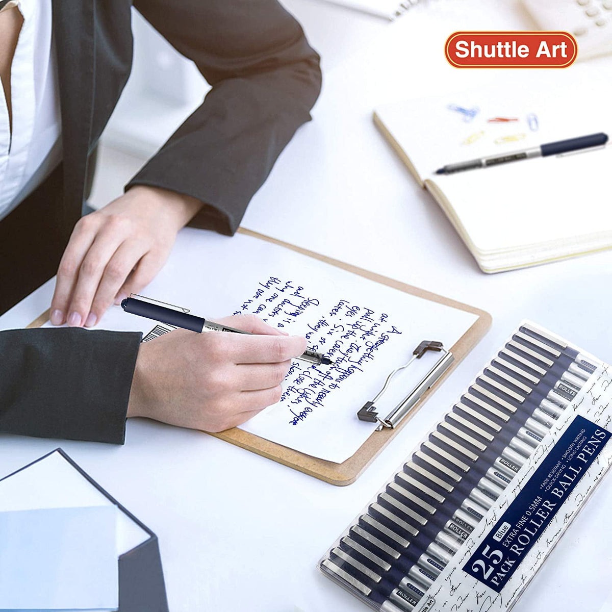 Shuttle Art Permanent RollerBall Pens, 25 Pack Blue Fine Point Roller Ball Pens, 0.5mm Liquid Ink Pens for Writing Journaling Taking Notes Office