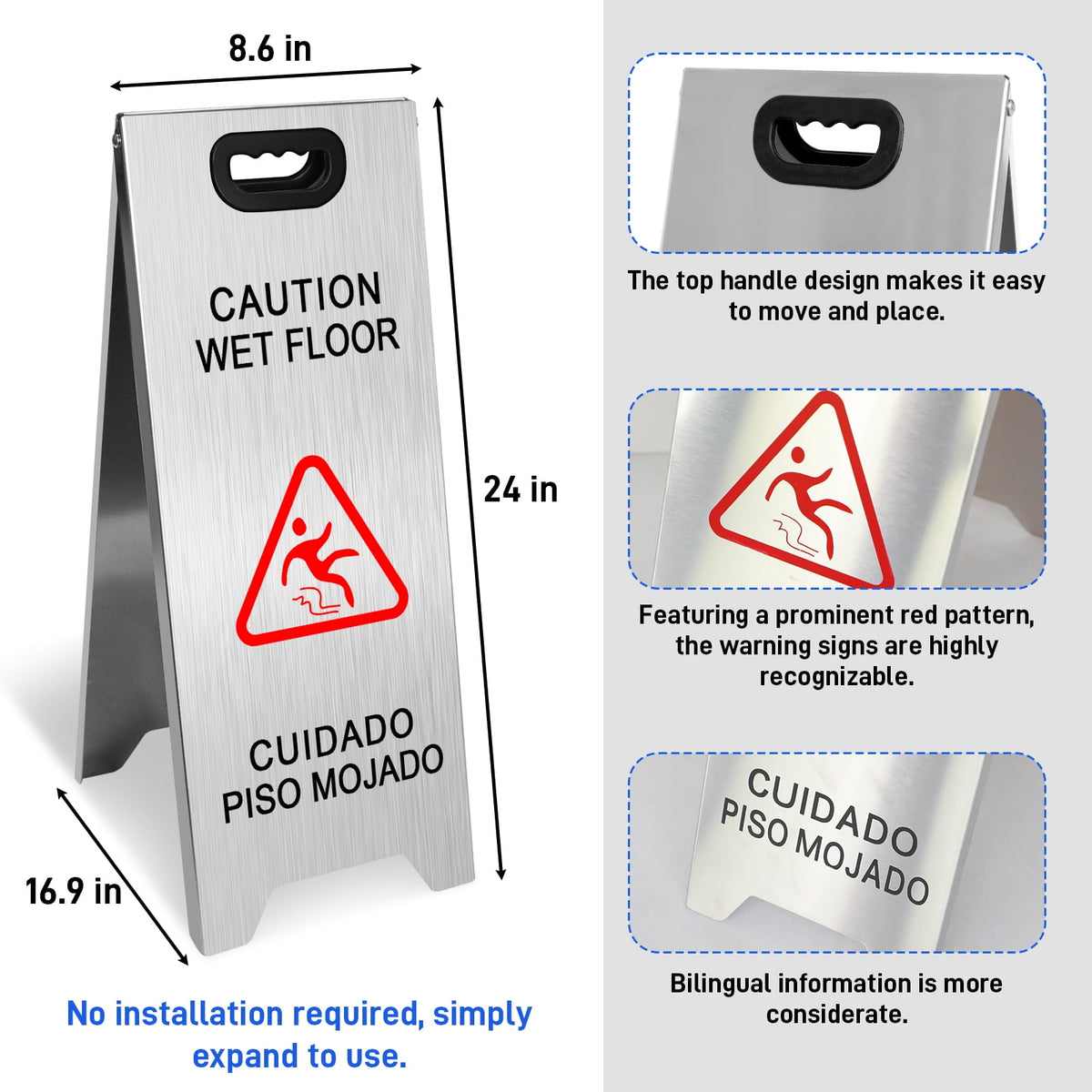 2 Pack Stainless Steel Wet Floor Sign, 24 Inch Caution Wet Floor Sign Portable Foldable Bilingual Safety Warning for Hotel Market Restroom Restaurant Office (Silver)