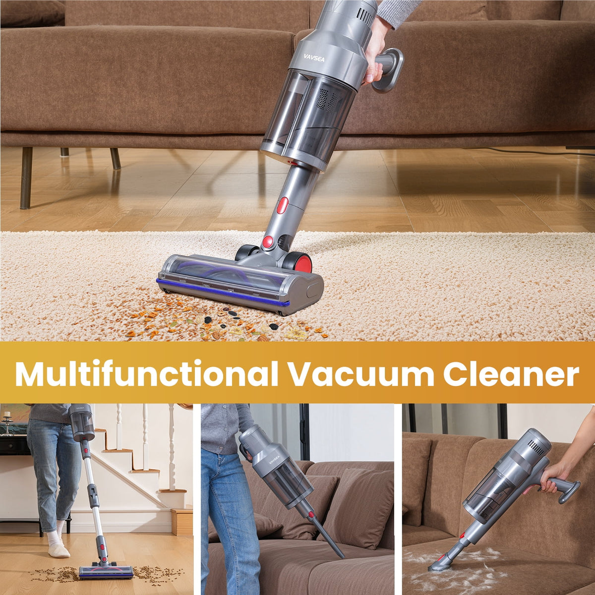 VAVSEA Cordless Stick Vacuum Cleaner, 38KPa Powerful Suction Vacuum with Double Dust Cup, for Carpet, Hard Floor & Pet Hair Cleaning