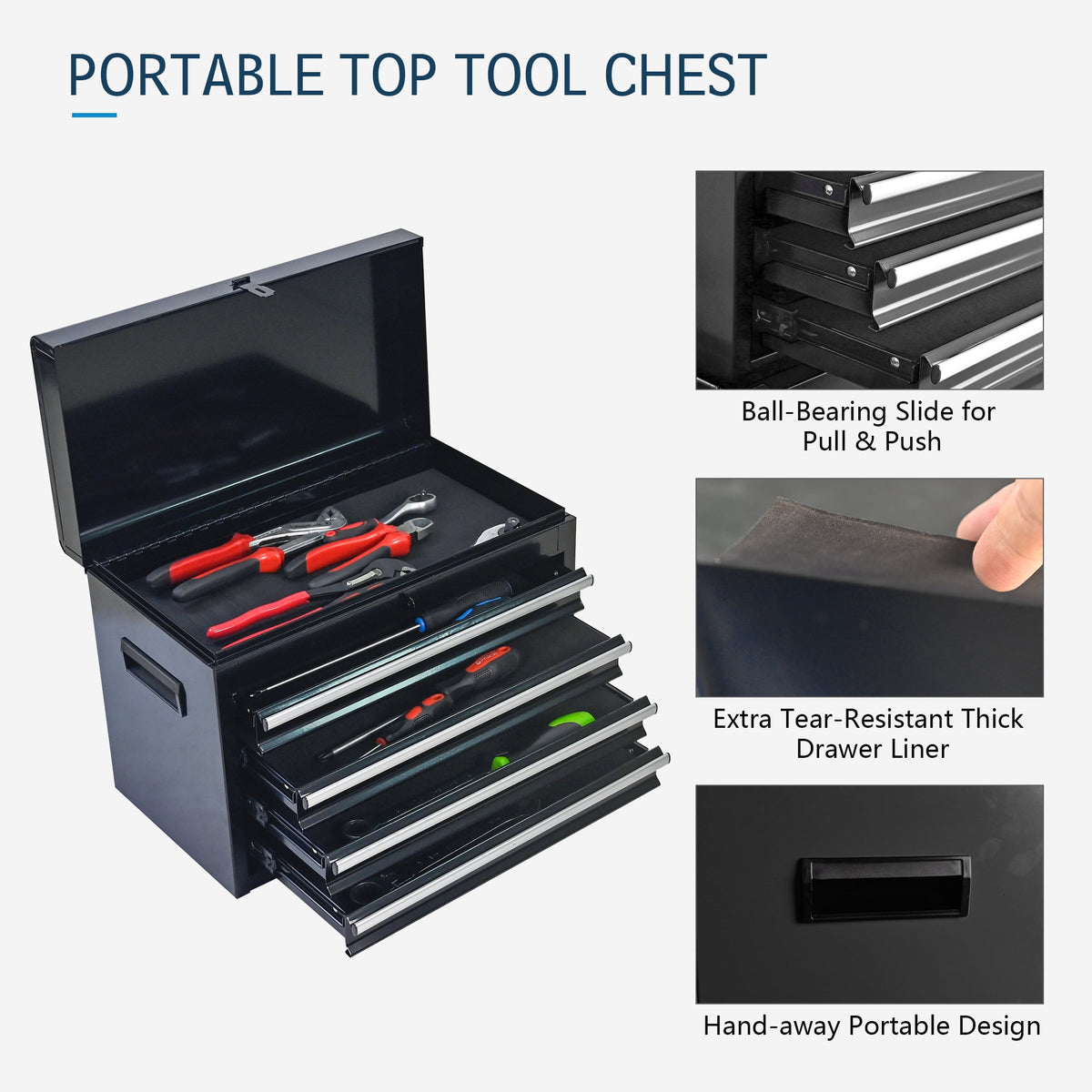 Tool Chest, 5-Drawer Rolling Tool Storage Cabinet with Detachable Top Tool Box, Universal Lockable Wheels