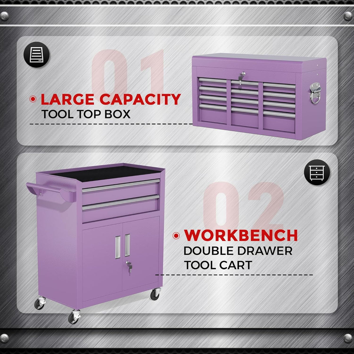 SOLAURA 8-Drawer Rolling Tool Chest with Detachable Top Box, Metal Tool Box with Wheels, Lockable Storage Cabinet for Warehouse, Garage, Workshop, Barbershop, Purple