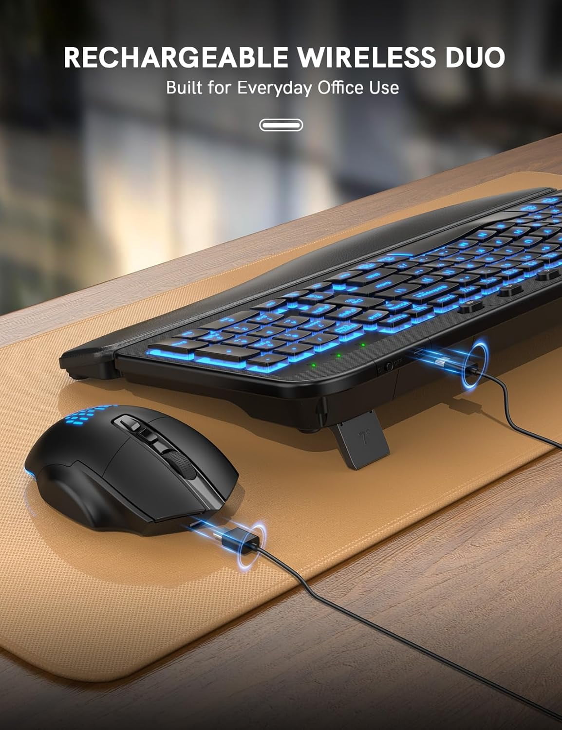 Wireless Keyboard and Mouse Combo - Ergonomic Wave Rechargeable Keyboard with Soft Leather Wrist Rest, RGB Backlit -Black