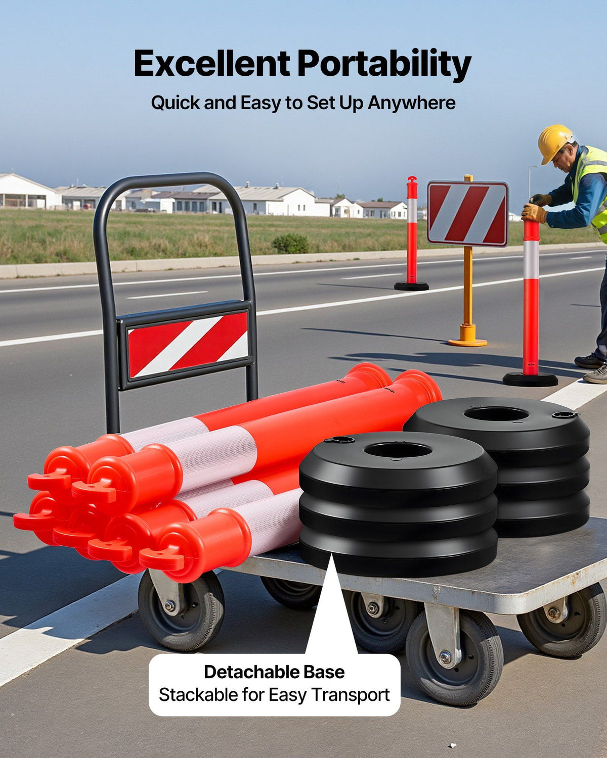 9-Pack of 48-Inch Fillable Safety Cones with Reflective Strips – Heavy Duty Traffic Delineator Posts for Construction, Parking, and Event Crowd Control, Red